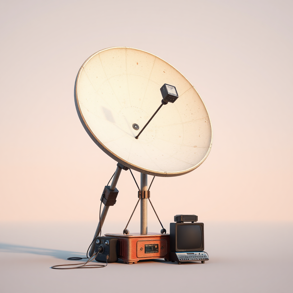 a full shot image of a high tech rustic vintage satellite dish on a stand connected to some devices, 3d render, concept art