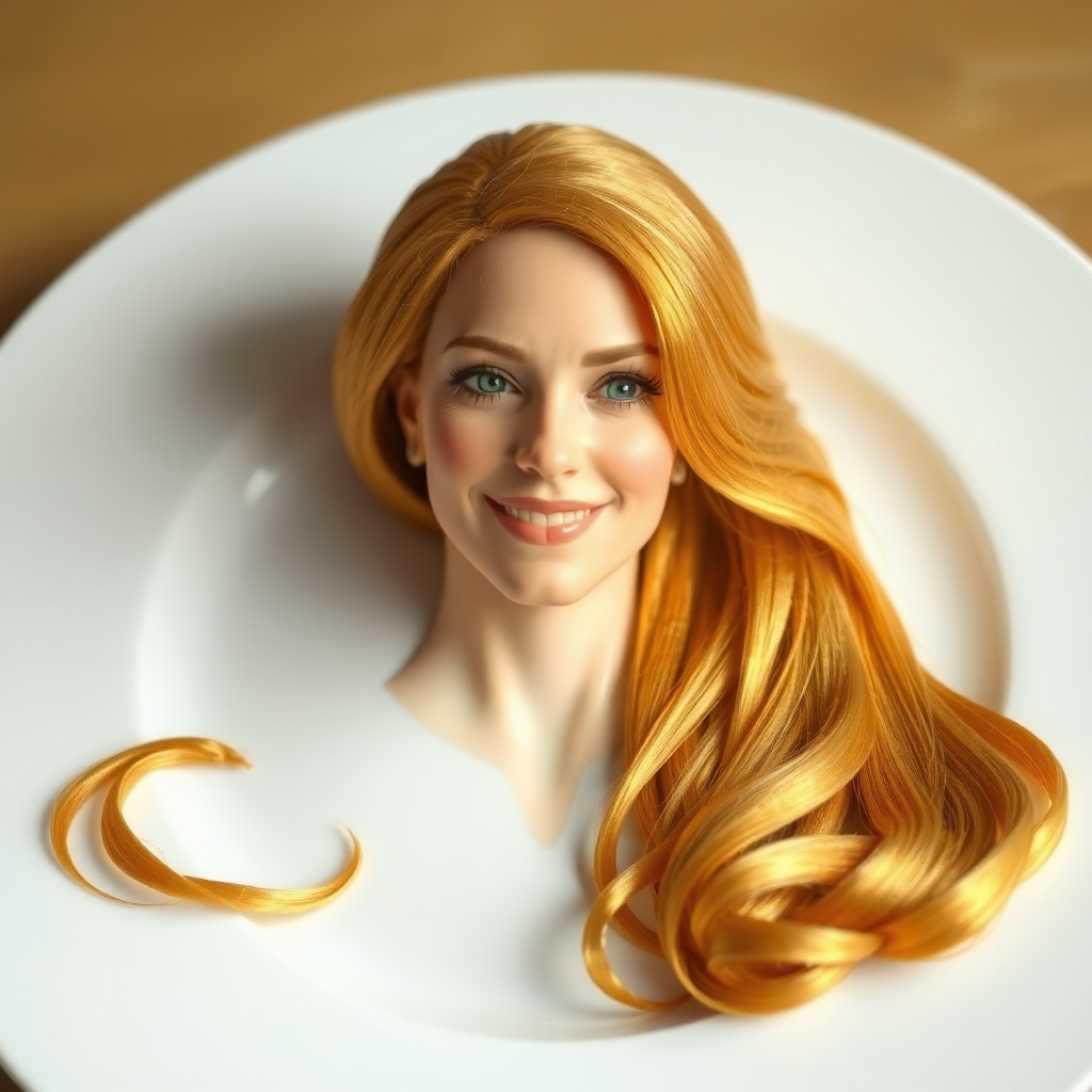 In a surreal and whimsical culinary display, Kate Middleton's disembodied head is elegantly arranged on a pristine, white porcelain plate. Her long, flowing hair cascades luxuriously around the edges, each strand meticulously crafted to shimmer in the ambient light, reminiscent of spun gold. The delicate features of her face, perfectly sculpted, convey a serene expression, with a soft, inviting smile that radiates warmth and grace.