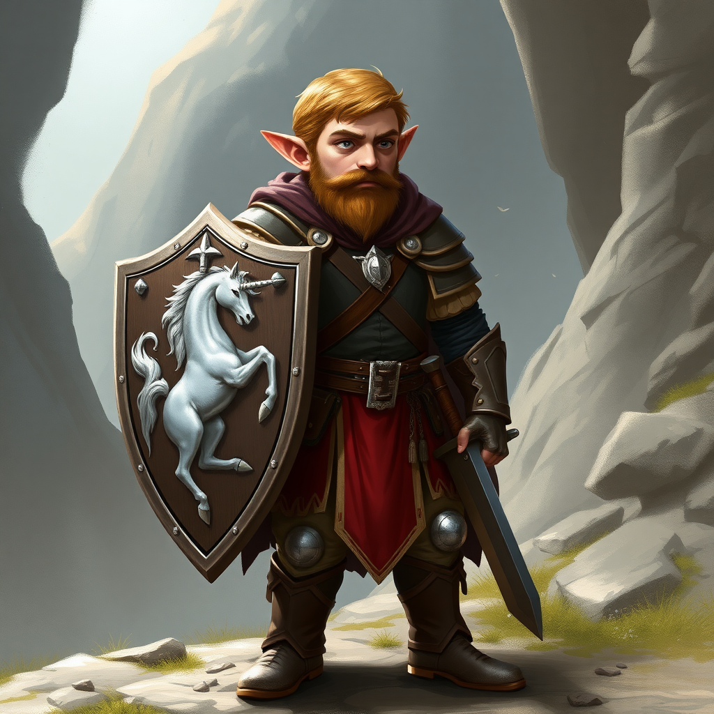 In a fantasy world, a halfling paladin, carrying a shield, high definition, normal and standard appearance, not sporting a beard. Character standing upright, sword at his side and shield strapped to the left arm. On the shield, there is a silver unicorn depicted.