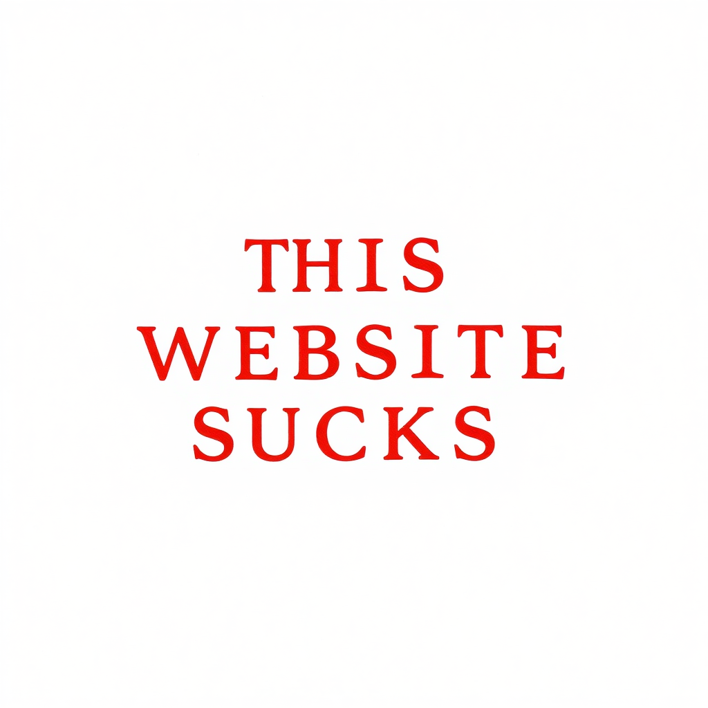 a simple monotype red text against a white background reading "THIS WEBSITE SUCKS"