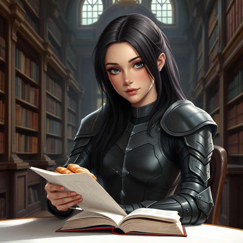 beautiful young woman, dark hair past her shoulders, blue eyes, small, slim figure, wearing full leather armor suit, sitting at table with sandwich, reading a book in a great library.