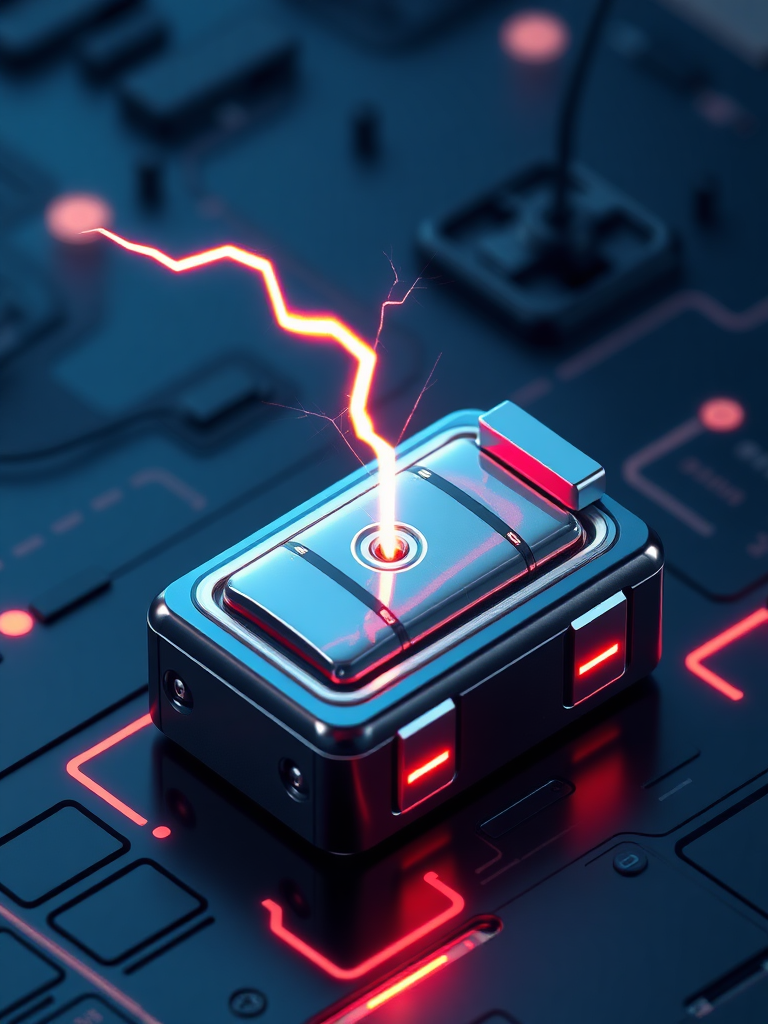 Create an image with precise expressions using realistic 3D lettering, express a secondary battery cell, create an isometric view, draw a spark (lightning) coming from the battery, and express the background in a cybernetic and luxurious dark blue.