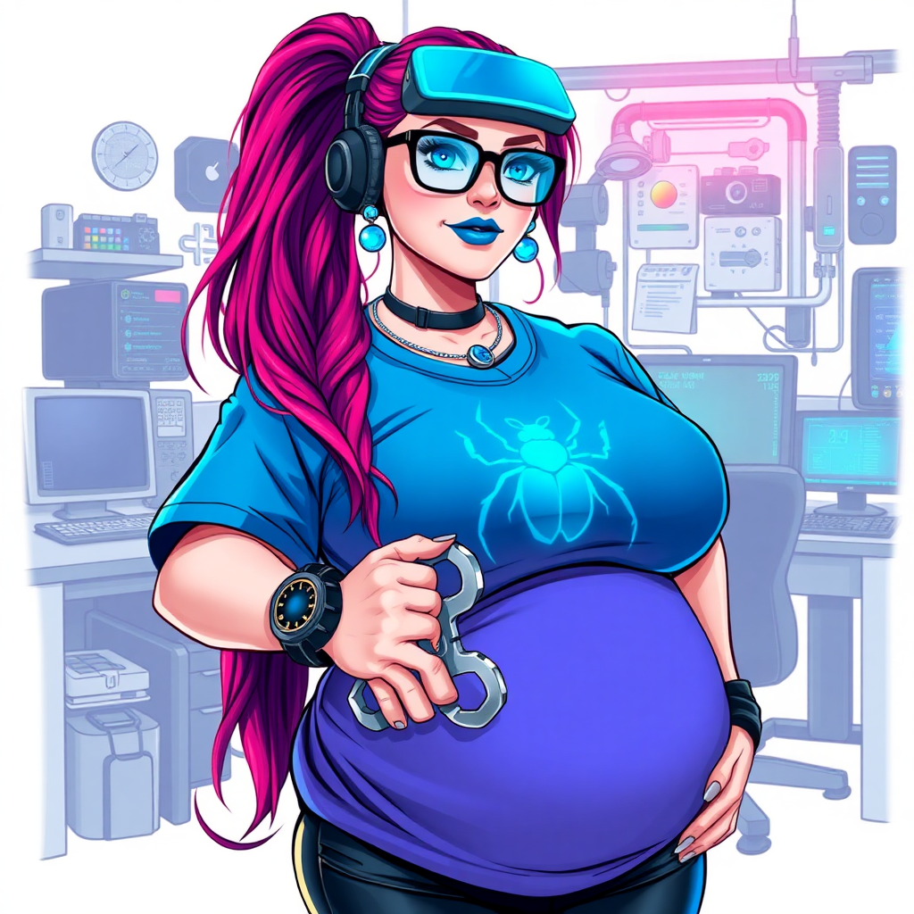 A cyberpunk vigilante’s full-figured intelligent and tech-savvy 29-year-old girlfriend, who is a computer hacker and tech genius. She has a long ruby red ponytail streaked with sky blue. She wears maximum blue lipstick, blue eyes, a sapphire beetle gemstone necklace, sapphire earrings, black eyeglasses, a futuristic holographic wristwatch computer, and an oversized maximum blue t-shirt featuring a neon blue beetle chest emblem. She has a full-figured, well-rounded physique with a prominent, round midsection, reflecting her well-cared-for lifestyle. Her round midsection is broadened and bloated to emphasize her figure. She sports a sapphire headset with a high-tech maximum turquoise lensed HUD, and a shy smile with a neon red blush. She is holding a futuristic hi-tech wrench while standing in her workshop in front of her computer desk and work bench. The background is solid white. She is drawn as if she was in a retro 2D cyberpunk fighting game.