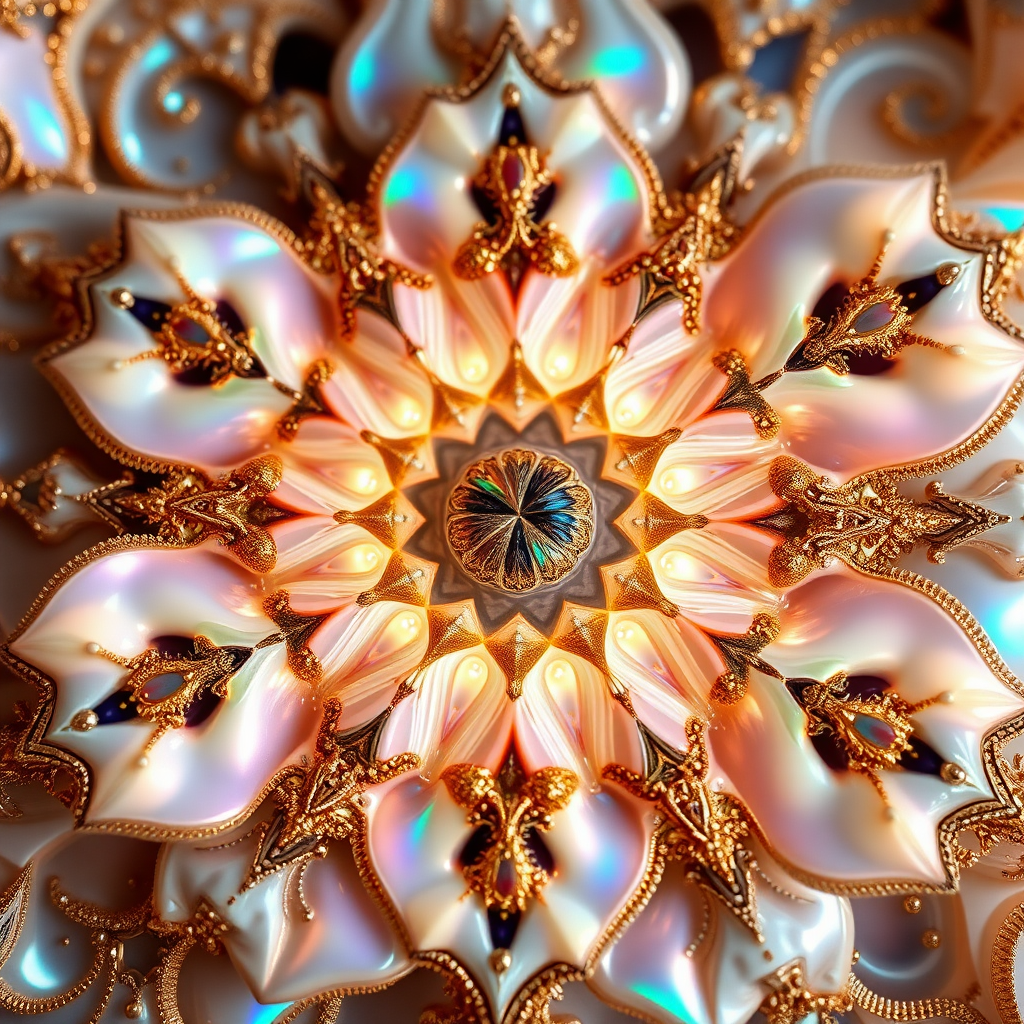 abstract pottery, mandelbulb fractal, sacred geometry, ultra-detailed, dynamic composition, artistic photograph, fractal, brilliant colors, glittering, illumination, transparency, translucent, opal, gold, romanticism, sharp focus, floral, mother of pearl, iridescent