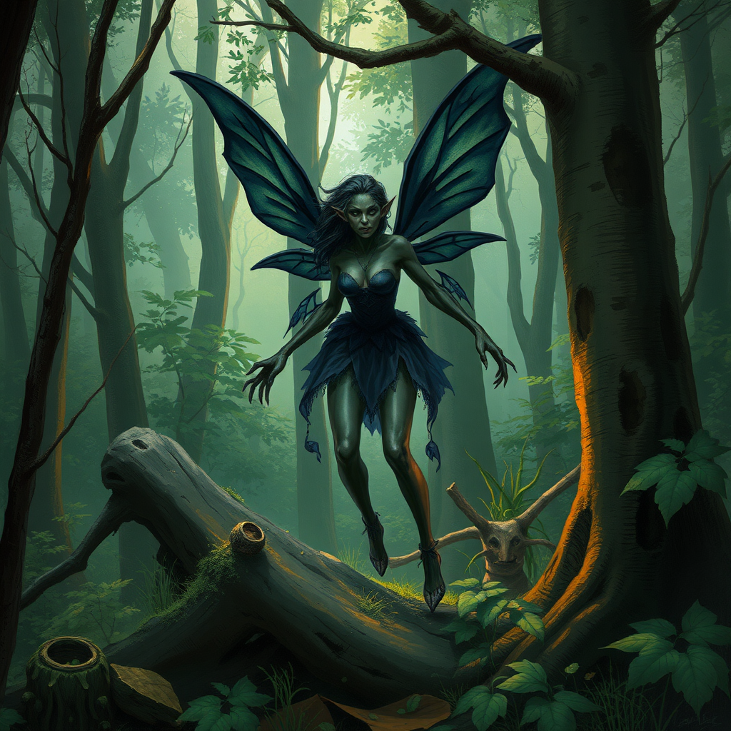 A classic forest scene with an attractive and terrifying dark fairy. The scene is lush with the art styling of Brian Stroud.