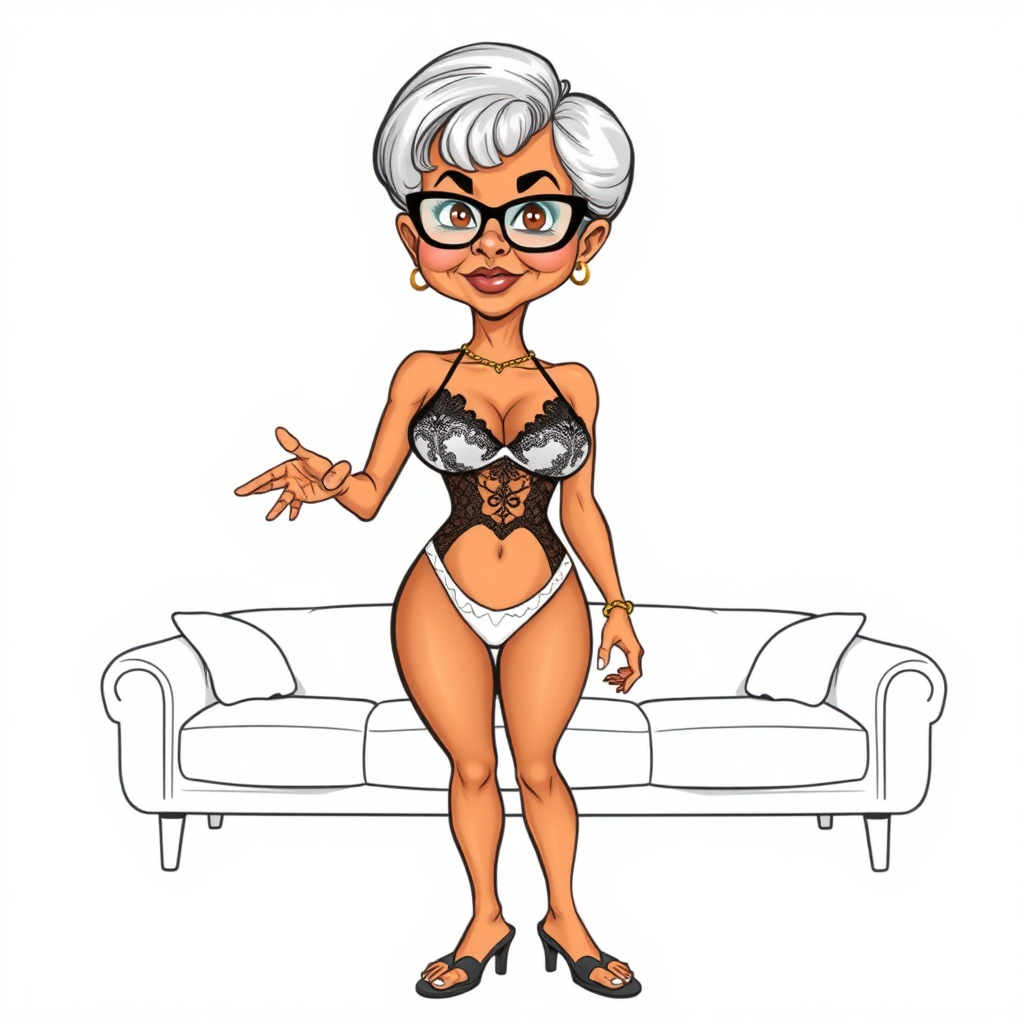 a towering 55 Years old, fit, slim, European, Latina, sharp aquiline nose, wrinkles, high cheekbones, Middle Eastern, Skinny, Tanned skin, Dark light skin, Rounded Medium breasts, Skinny thighs, full Makeup, jewelry, Serious face, Sharp nose, Ash hair, short bowl haircut, Brown eye color, Glasses, with detailed features. she is wearing embroidered black mesh balconette bras and a tight white high cut 1980s mesh cut out swimsuit, transparent kimono lace, detailed fabric.  full body, high heels sandals, she is hand gesturing at the viewer to join her on a couch, sweating, 
long establishing shot, 2D, caricature, cartoon, Sketch lines, coloring book, coloring book style on white background, well composed, clean coloring book page, No dither, no gradient, strong outline, No fill, No solids, vector illustration, realistic proportions