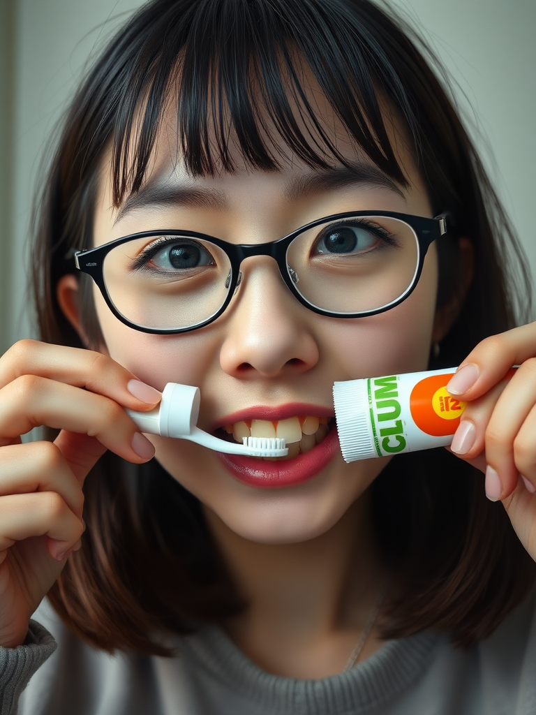 detailed, perfect proportion, high realism, real casual photo, japanese nerdy skinny woman with big nose, big mouth, big yellowish teeth, moles, big eyeglasses and medium hair, retarded, she is putting a toothpaste called "CUM" on her toothbrush