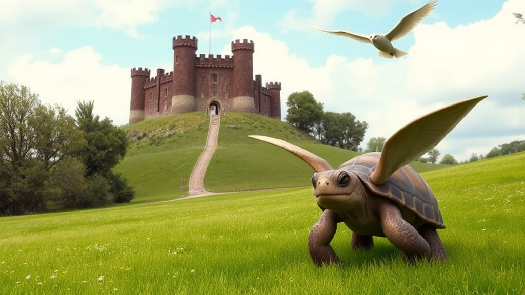 Exterior. Day. Green field. A pathway leads up a hill in the distance to a brown-brick castle with a tall flagpole outside. A large brown mushroom-shaped creature with pointy teeth. A flying turtle with white wings.