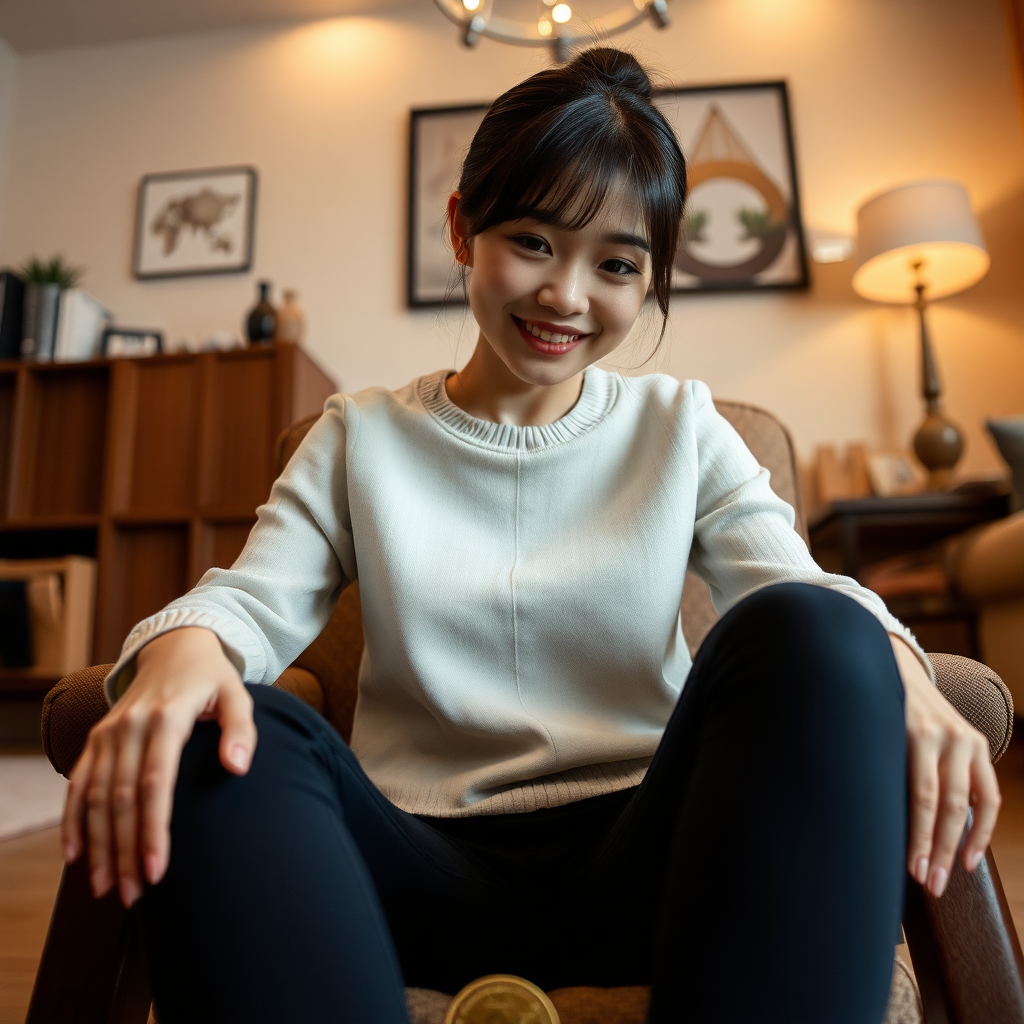 photo low angle full body shot beautiful xiaomeimei looking down. She is sitting on a chair in a living room. she is grinning. her arms are on the armrests. there is a token on the ground in front of the chair