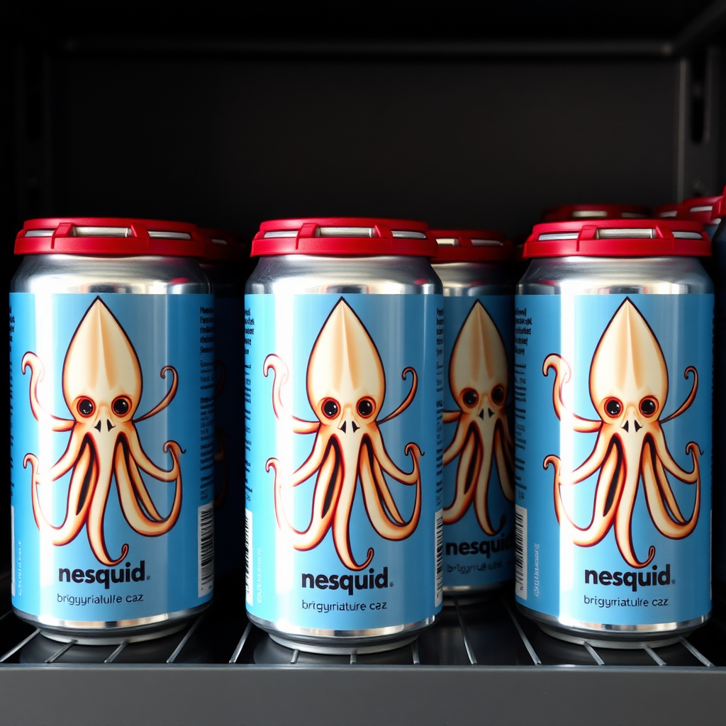 a small shelf with cans that have an image of squid on the label and text saying "nesquid"