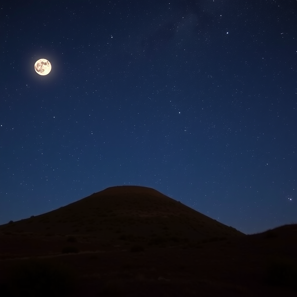 Hilly area of Marmilla, conical hill with low vegetation, with the Moon and dark sky filled with many stars, and the Milky Way.