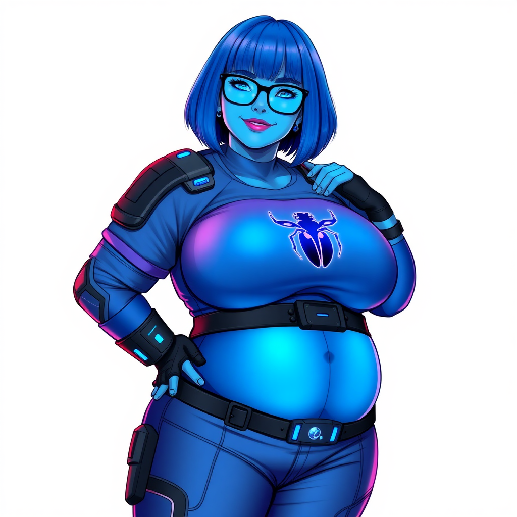 A 28-year-old, full-figured, metallic maximum blue (5PB 5/10) skinned computer program hybrid with a maximum blue bob cut. She has a non-athletic build, highlighted by a prominent, round, large midsection (with full emphasis on her round belly), which shows the effects of her love of junk food acquired from her boyfriend. As the full-figured, nerdy, digital sidekick to her cyberpunk vigilante boyfriend, her metallic maximum blue skin and maximum blue lipstick (5PB 5/12) emphasize her digital nature. Her skin has a subtle, animated glow, with digital patterns occasionally flickering across it, making her digital nature obvious. She wears a digital, computerized costume, consisting of a massive, tight-fitting, maximum blue biker shirt (5PB 5/12) made out of advanced nanotech with a neon blue glowing chest icon of a beetle, hi-tech shoulder pads with neon blue accents, a black hi-tech belt with a digital neon blue glowing buckle, digital maximum blue biker pants (5PB 5/12) with neon blue accents, and black hi-tech fingerless biker gloves with neon blue glowing accents. Her neon blue glowing eyes, black eyeglasses with neon blue glowing lenses equipped with a built-in HUD, and bashful smile with neon red blush accentuate her nerdiness. She stands bashfully with one hand behind her back and the other hand gently touching her cheek, her costume covering all her skin and fully emphasizing her full figure (especially her round belly). She is clearly non-athletic, with a focus on her full-figured physique. Despite her build, she radiates beauty. She has a slim face compared to her physique, accentuating her radiant beauty. She is on a solid white background. She is drawn as if she were in a retro 2D cyberpunk fighting game.