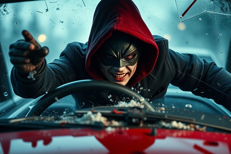 Realistic. Glass breaking as tortured, Masked Superhero propelled forward in car crash over steering wheel and out through windshield of car and out over hood of car. Blood and glass flying. Mask being torn from face by breaking windshield.