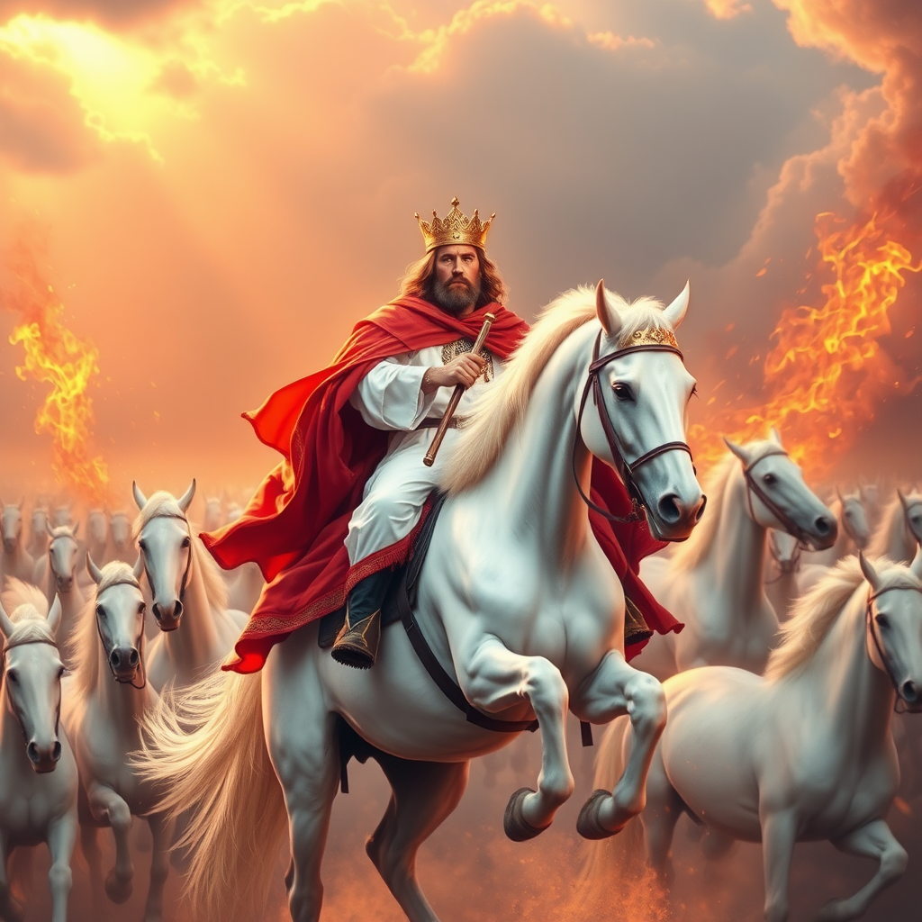 A white horse and its rider has eyes like blazing fire, and many royal crowns on his head. He is dressed in a robe dipped in blood. The armies of heaven, dressed in fine linen, white and pure, follow Him on white horses. And from His mouth proceeds a sharp sword with which to strike down the nations, and He will rule them with an iron scepter. He treads the winepress of the fury of the wrath of God the Almighty.