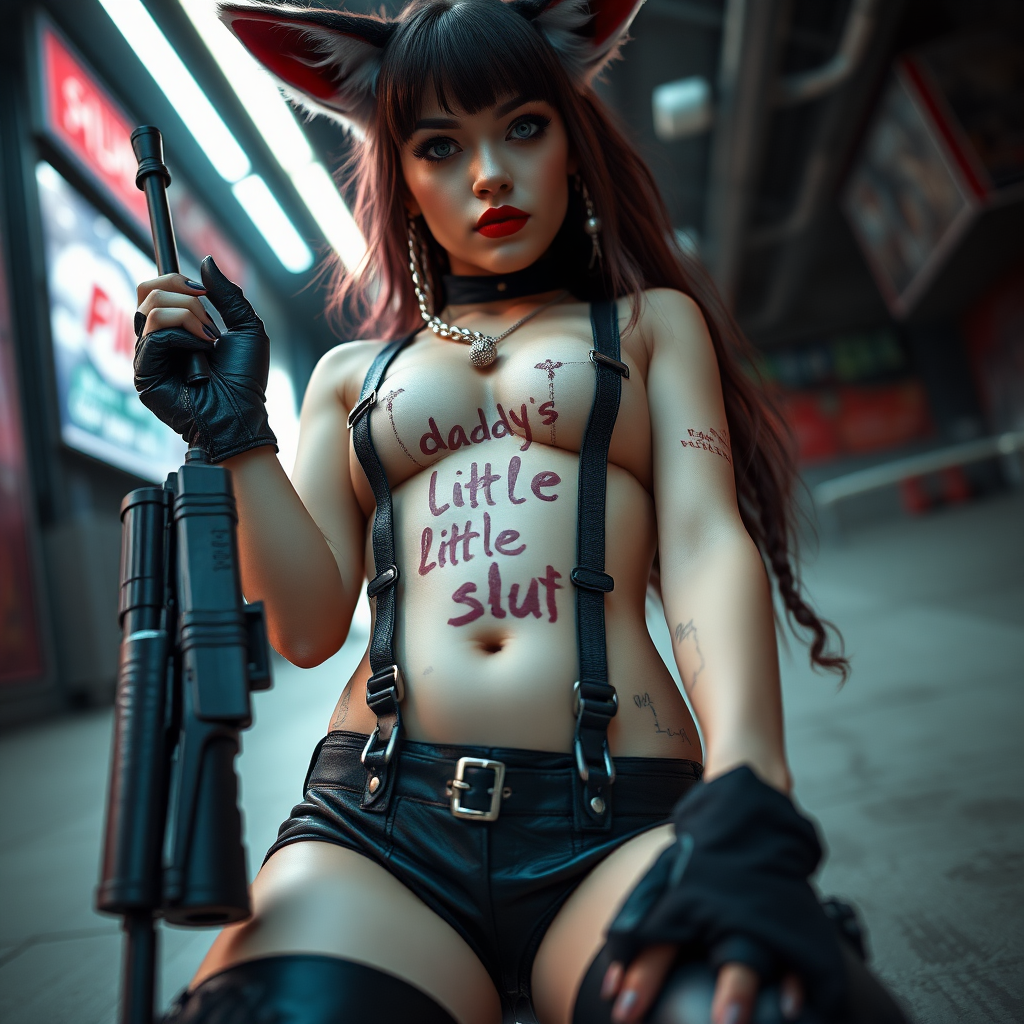 Full body in frame, low POV, Real life photo of a cyberpunk prostitute, she has “daddy’s little slut” written on her skin with lipstick. She is holding a big gun, she has fox ears, tiny metal nipple tassels, suspenders and chunky thigh boots.