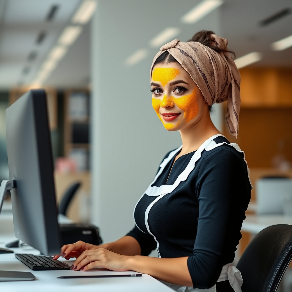 slim, modern, french maid, scarf head, turmeric paste on face, working in office