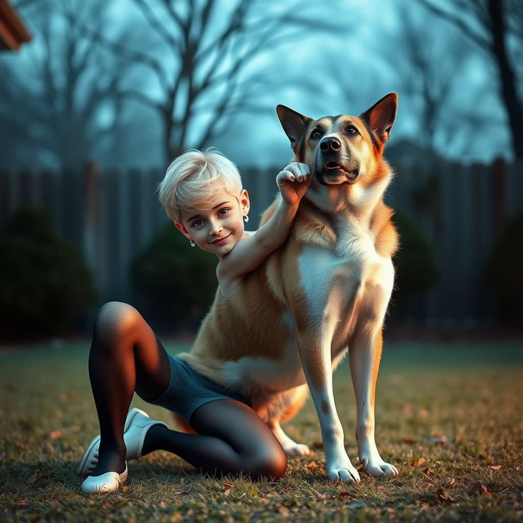 photorealistic, ultra high resolution, 16K, surreal fantasy, studio lighting, a pretty 16 year old goth male, slim male physique, short blonde hair, goth makeup, earrings, pantyhose, white ballet shoes, playing with his large dog in the yard - he is kneeling forward, while the dog stands up behind him and rests its paws on the boys shoulders, excited smile, facing the camera.