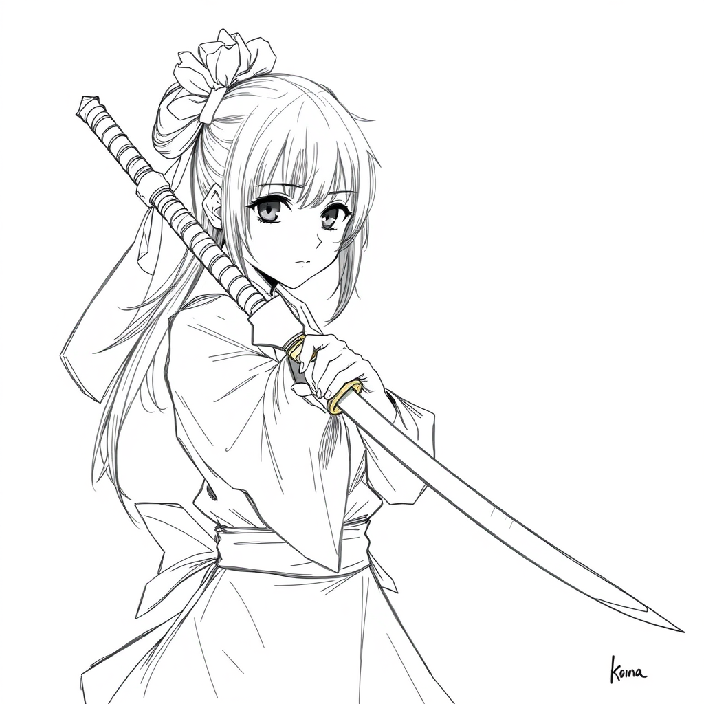 girl holding katana, anime sketch