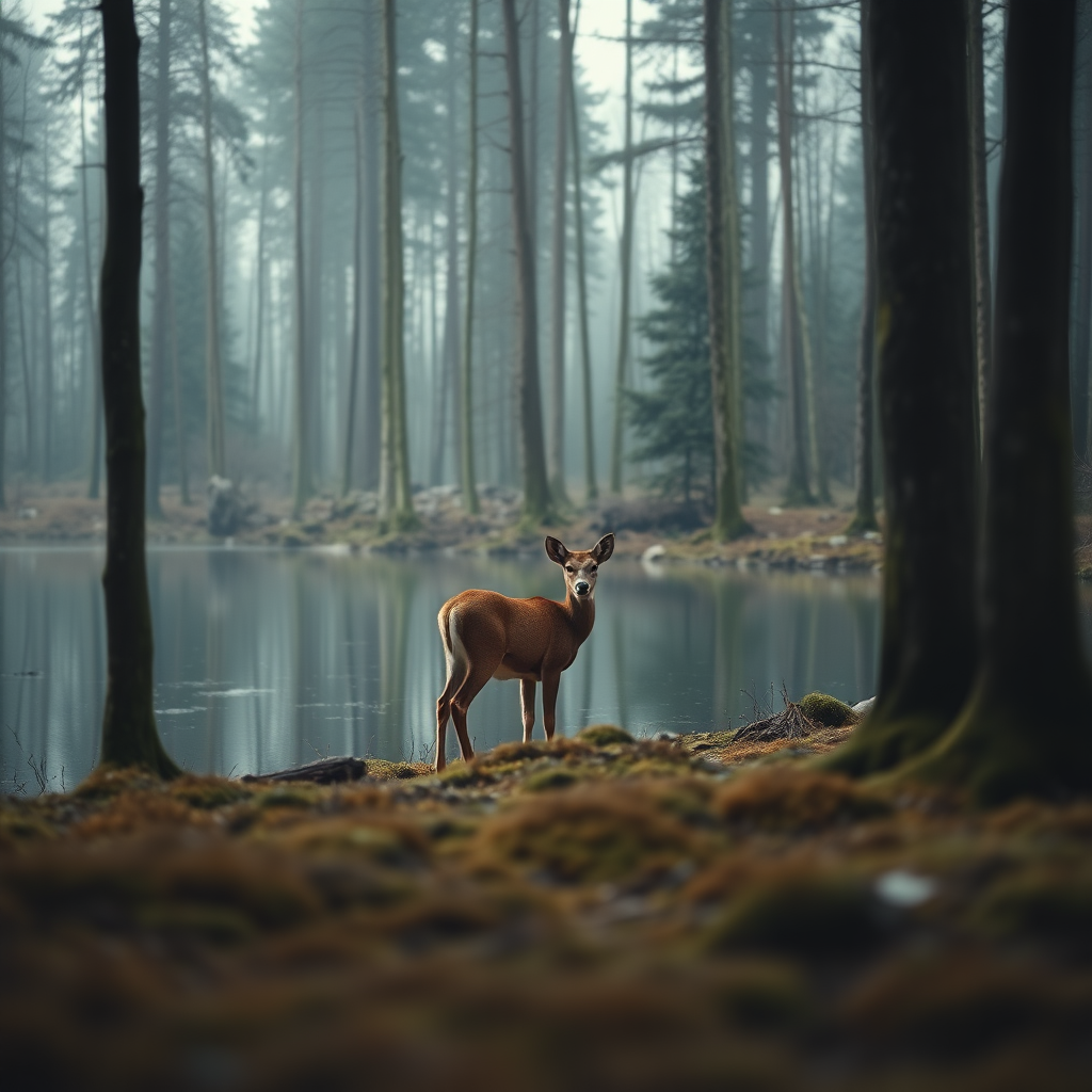 Minimalist, cinematic, deer among the trees, forest lake, moss, cold weather, deep teal and amber, Sony a7 IV