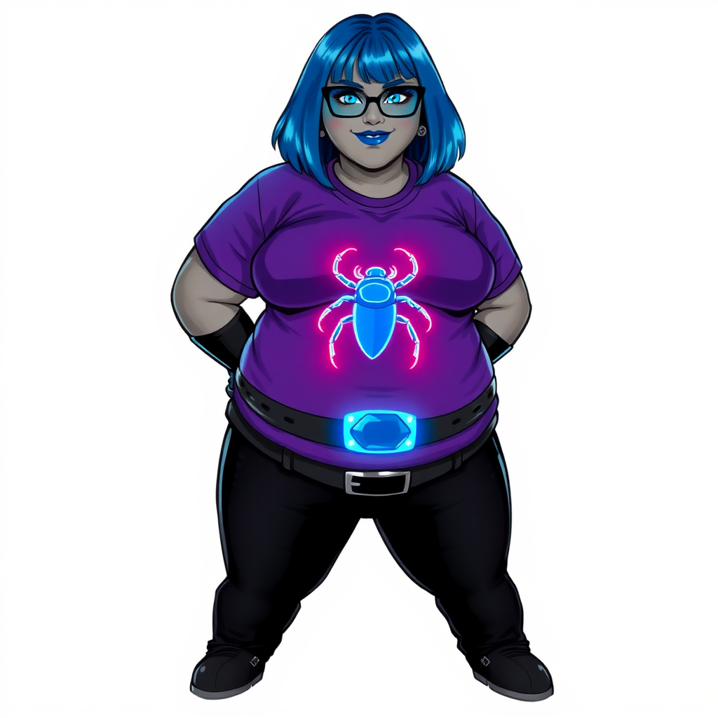 A 28-year-old, full-figured, metallic middle gray skinned computer program hybrid with a maximum blue bob cut. She has a non-athletic build, highlighted by a prominent, round, large midsection (with a full emphasis on her belly). As a digital sidekick, computer hacker, and nerdy girlfriend to her cyberpunk vigilante boyfriend, her middle gray metallic skin and maximum blue lipstick emphasize her digital nature. She wears a costume consisting of a tight-fitting, maximum blue t-shirt (accentuating her large belly) with a neon blue glowing chest icon of a beetle, black pants, a black belt with a sapphire scarab buckle, and black gloves. Her bright blue eyes, black eyeglasses, and lovestruck smile with neon red blush accentuate her nerdiness. She stands bashfully with her hands behind her back, her costume covering all her skin and emphasizing her full-figured, non-athletic physique. She is on a solid white background. She is drawn as if she was in a retro 2D cyberpunk fighting game. She is clearly non-athletic, with emphasis on her full-figured and pudgy physique. Ensure her t-shirt covers her midsection (especially her large belly).