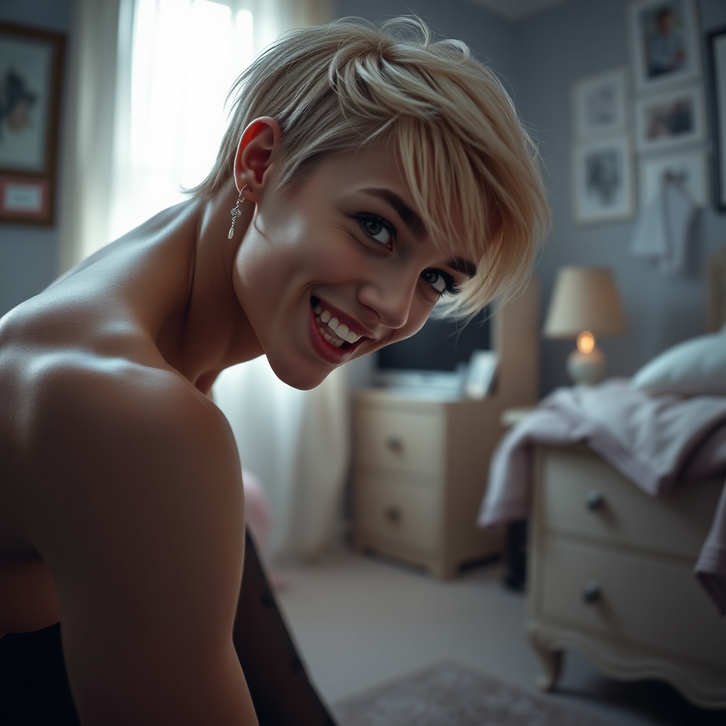 photorealistic, ultra high resolution, 16K, surreal fantasy, studio lighting, a pretty 16 year old goth male, slim male physique, short blonde hair, goth makeup, earrings, pantyhose, white ballet shoes, in the bedroom - he is bending forward, excited smile, facing the camera.