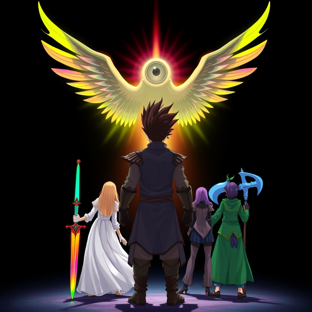 (Anime-styled art) Set against a dark black backdrop, a radiant, rainbow-like barrier shimmers with vibrant hues, illuminating the scene. At the center, a massive entity looms—an unsettling yet angelic figure with a single, malevolent eyeball. Its four wings are spread wide, and its gaze is fixed downward. 
In the foreground, the badass backside view of a warrior with dark brown fohawk hair stands confidently, gripping a rainbow-colored flaming sword. Alongside him, three others stand ready backside: a mage with long blonde hair in flowing white robes, a fierce purple-haired warrior wielding a massive blue axe backside, and a woman with striking green hair and green-robes backside, completing the team as they face the menacing presence.