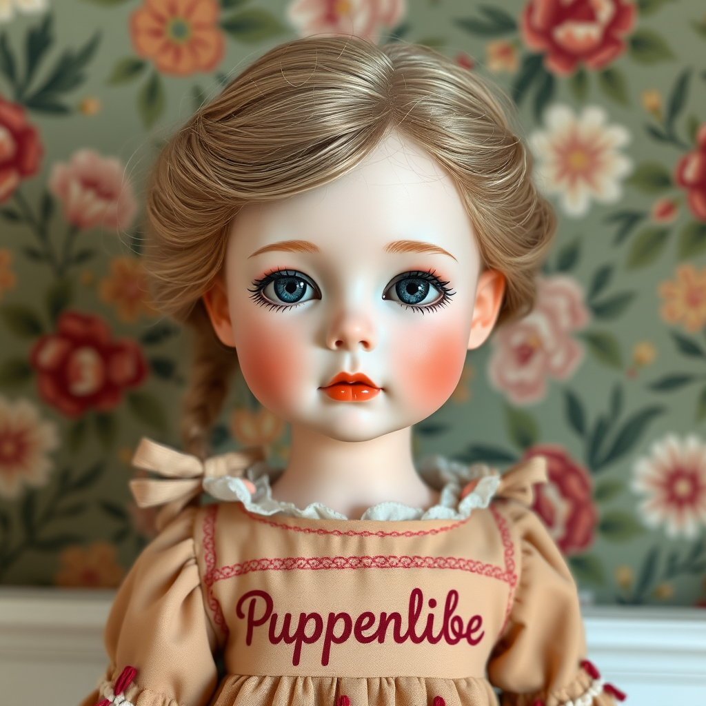 ooak art doll, artist doll, realistic doll, life-like porcelain doll, young preteen girl, unique personality, bisque doll, floral wallpaper, text "Puppenliebe" on dress, balanced colors