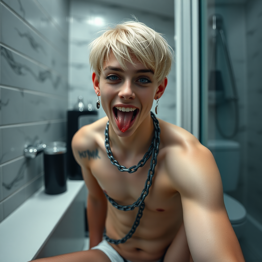 photorealistic, ultra high resolution, 16K, surreal fantasy, studio lighting, a pretty 16 year old goth boy, slim male physique, short blonde hair, goth makeup, earrings, spikey chain and leash, pantyhose, white ballet shoes, in the bathroom, excited smile, facing the camera, drooling from his mouth.