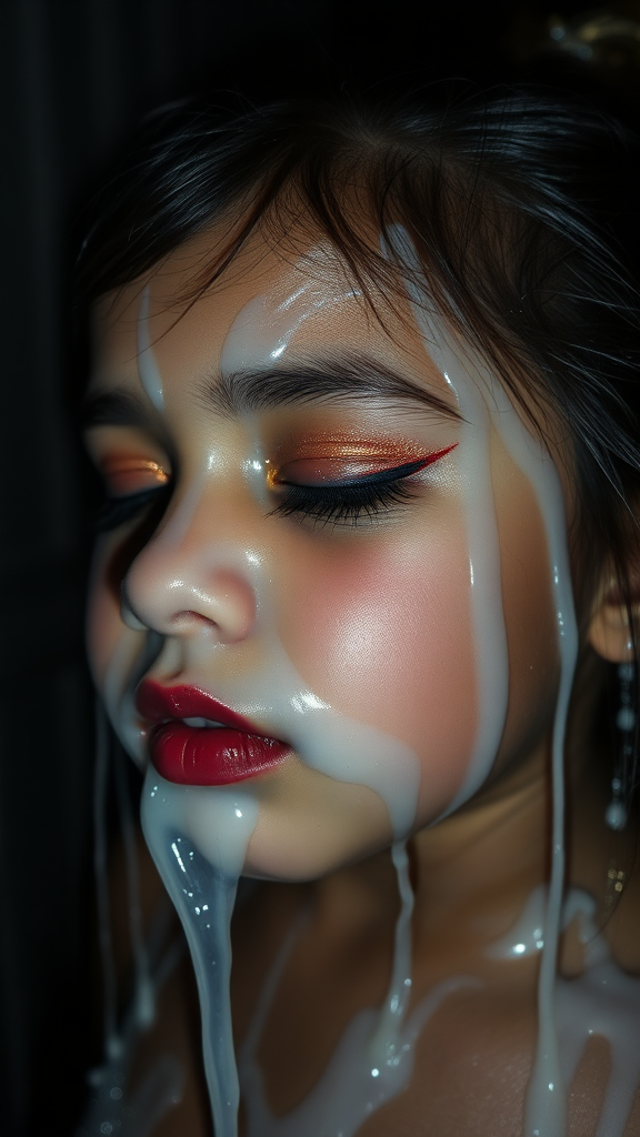 four-year-old-latina-female-child.  
She is wearing intense-orange-glitter-eyeshadow, thick-winged-eyeliner with very-dramatic-eyeliner-wings, and dark-burgundy-glossy-lipstick.  
Her face is covered with very thick random-angle streams of goopy, stringy, glistening, clear liquid with a white hue.  
Her lips are coated with the goopy liquid.  
She has her eyes closed.  
She appears to have received a facial.  
A stream of the liquid is flying horizontally towards her mouth.  
They dumped so much liquid on her face.  
Full-body-image, dark motel room at night, amateur flash photography, up-angle-shot, profile view.