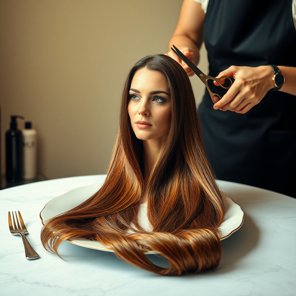 In a bizarre, surreal tableau, the polished surface of an elegant dining plate cradles the disembodied head of a strikingly beautiful Kate Middleton, her long, flowing hair cascading like a glossy waterfall of deep chestnut and honey highlights. The hair is luxuriously arranged, strands shimmering under the soft, ambient light that bathes the scene in an ethereal glow.

A skilled hairdresser, clad in a sleek black apron, stands poised with a pair of gleaming scissors, carefully trimming the endlessly luxurious locks that frame Kate's serene, almost ethereal features. The air is thick with the scent of salon products mingling with delicate hints of floral fragrances, creating an unusual yet strangely inviting atmosphere. The hairdresser's focused expression reveals a meticulous dedication as snippets of hair fall gracefully onto the pristine plate, echoing a sense of both artistry and absurdity.

The overall emotional tone conveys a dreamlike quality, inviting viewers to ponder the juxtaposition of beauty, identity, and the bizarre circumstances that bind them in this extraordinary moment.