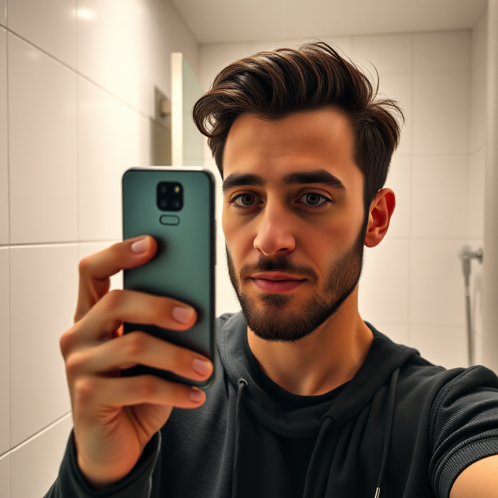 A selfie of a man in his bathroom, his phone is a Samsung fold. selfie photo, realistic image, 8k, intricately detailed