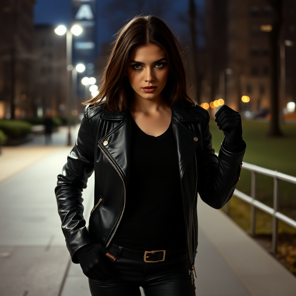 A beautiful brunette badass female burglar in black leather jacket over black t-shirt with black pants and gloves in Manhattan park at night.