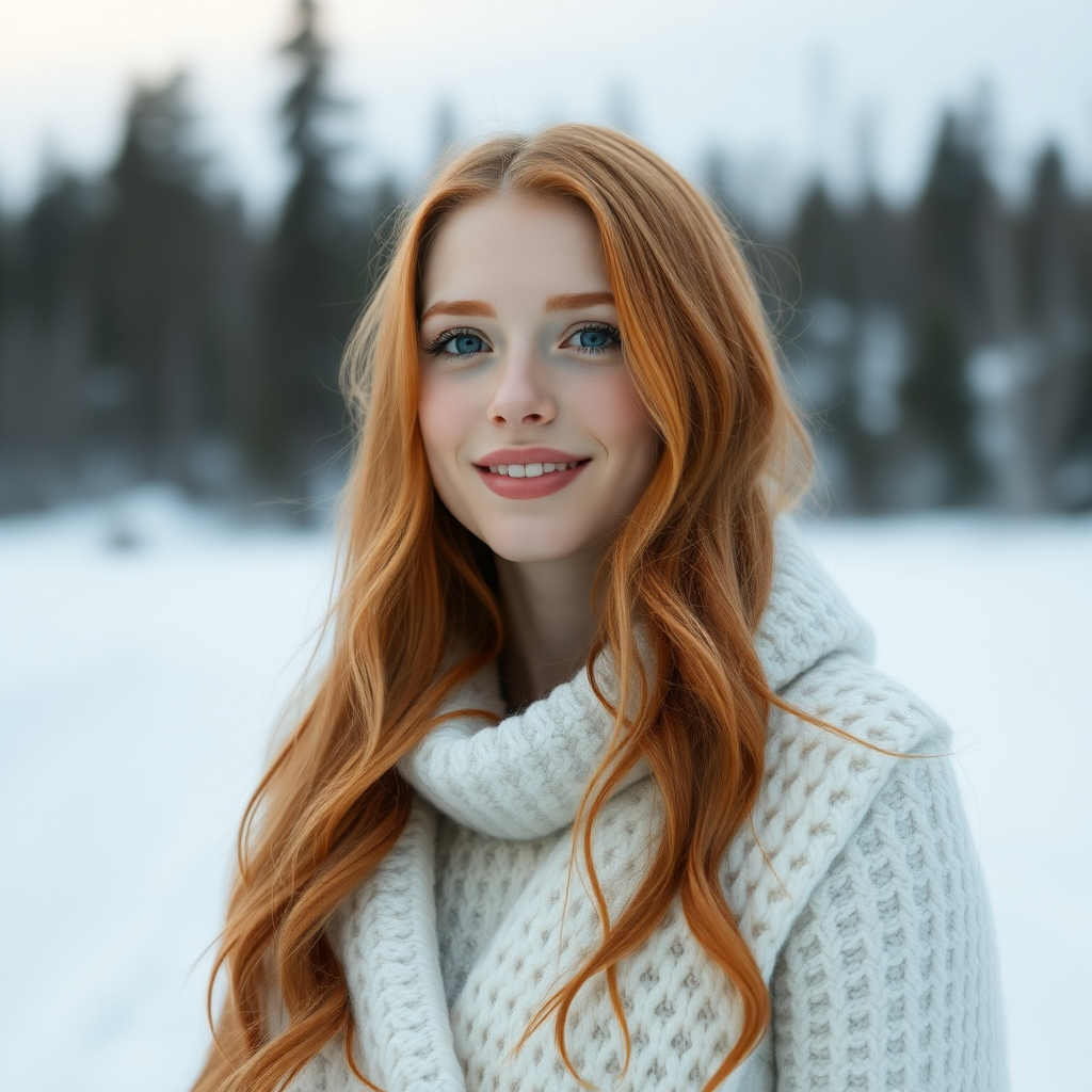 beautiful young elegant woman with ginger long hair, full lips, pale skin, on Alaska Juno happy in the snow