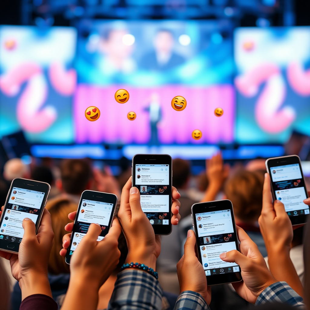 In the foreground, a close-up of diverse hands holding smartphones and tablets, all showing the same live event on their screens with active comment sections. The screens display snippets of live chat messages and emojis. In the background, slightly blurred but still recognizable, is the live event stage with the host and in-person audience. Comments and emojis appear to float off the device screens and move towards the host, illustrating the direct link between attendees' devices and live interaction.