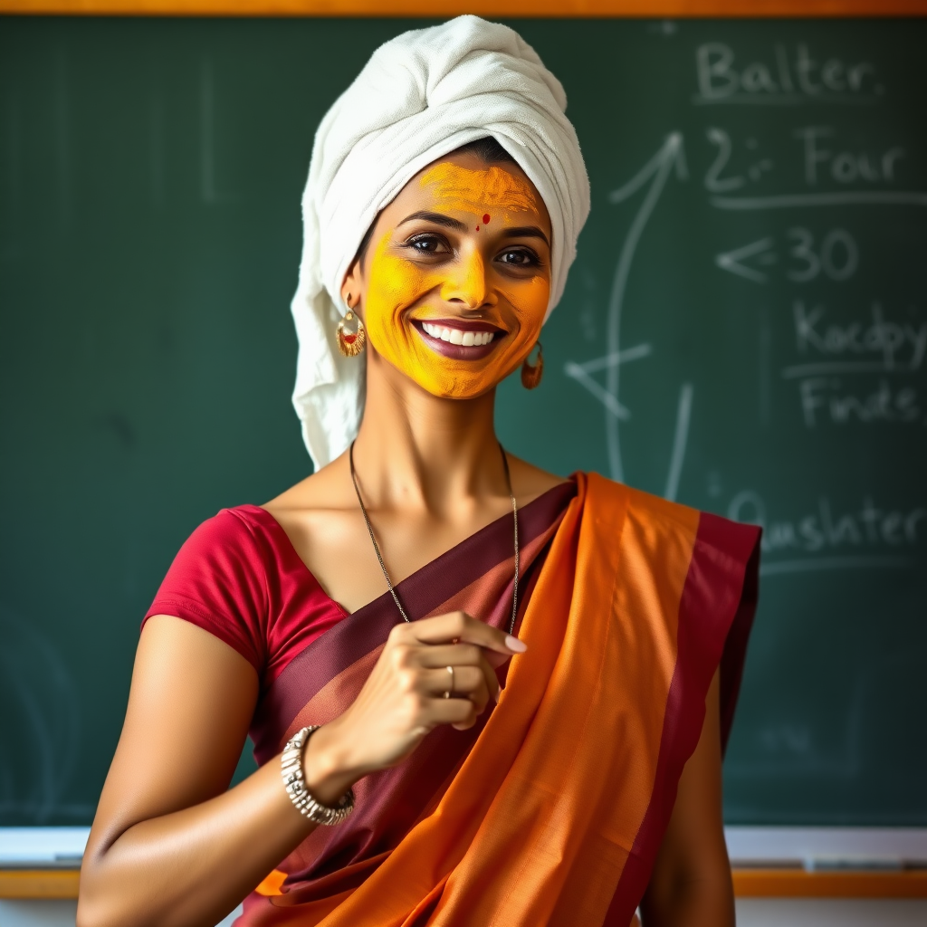 slim, 30 year old, sexy, indian female school teacher, saree, towel head, turmeric face mask. She is smiling and teaching on a blackboard