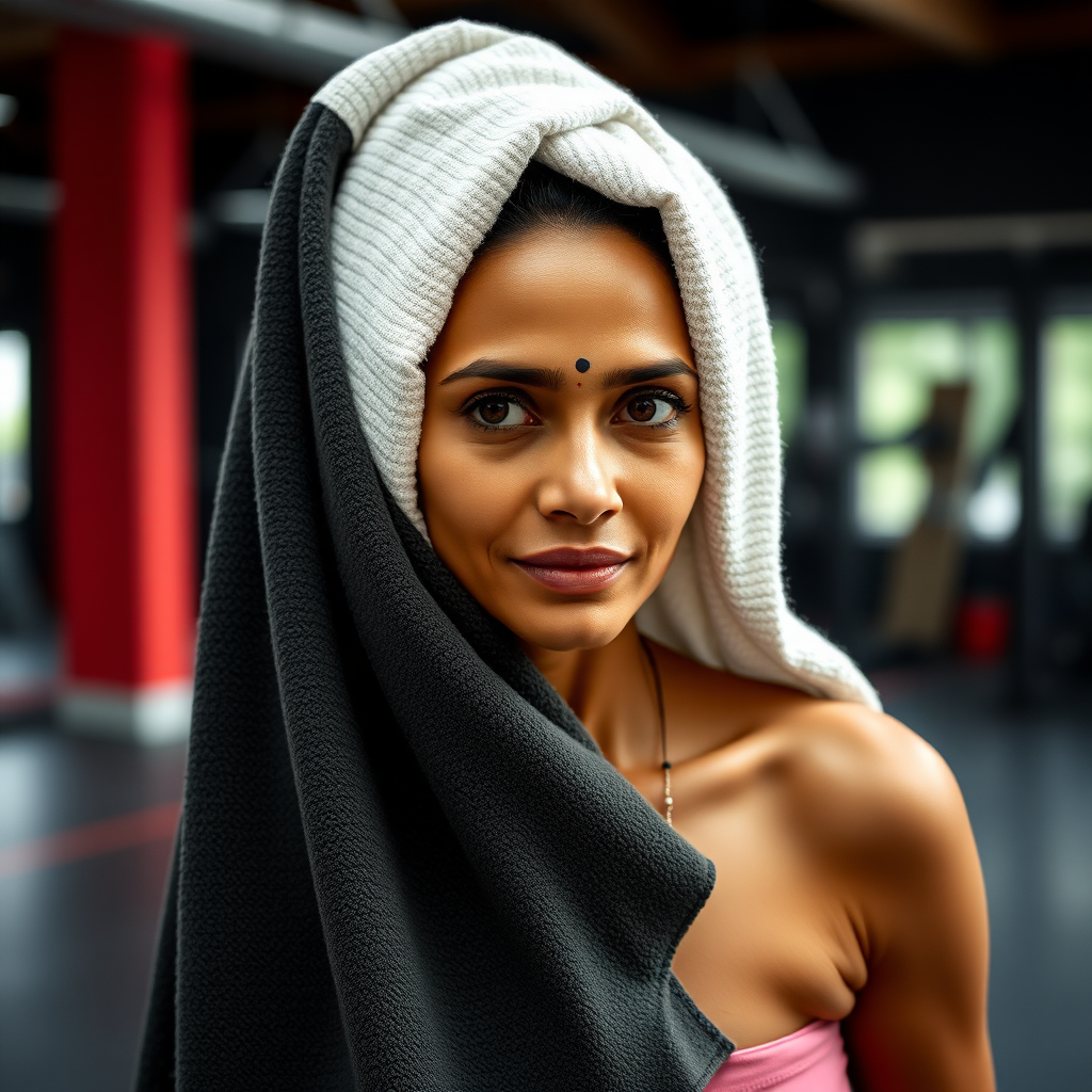 Indian wife, wrapped in towel, standing in gym