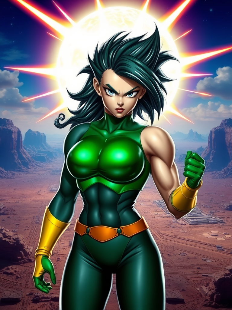 Generate a hyper-realistic image of the Marvel Comics character Rogue, retaining her original head. Modify her body to have the muscular physique of Vegeta from Dragon Ball, reflecting his anatomy while keeping Rogue's facial features and hair. Place her in a dynamic pose that showcases her powers. The background should merge elements from both the Marvel Universe and Dragon Ball, featuring a vibrant, action-packed setting that complements both characters, such as a deserted cityscape with energy blasts in the sky. Aim for a visually striking and detailed portrayal, capturing the essence of both characters.