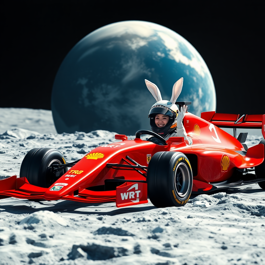 On the surface of the moon, there is a red Formula One car with "WRT" written on it. A beautiful Chinese female driver, wearing a full racing helmet with white rabbit ears sticking up, is laughing and waving one hand while gripping the steering wheel with the other. In the background is a huge Earth.