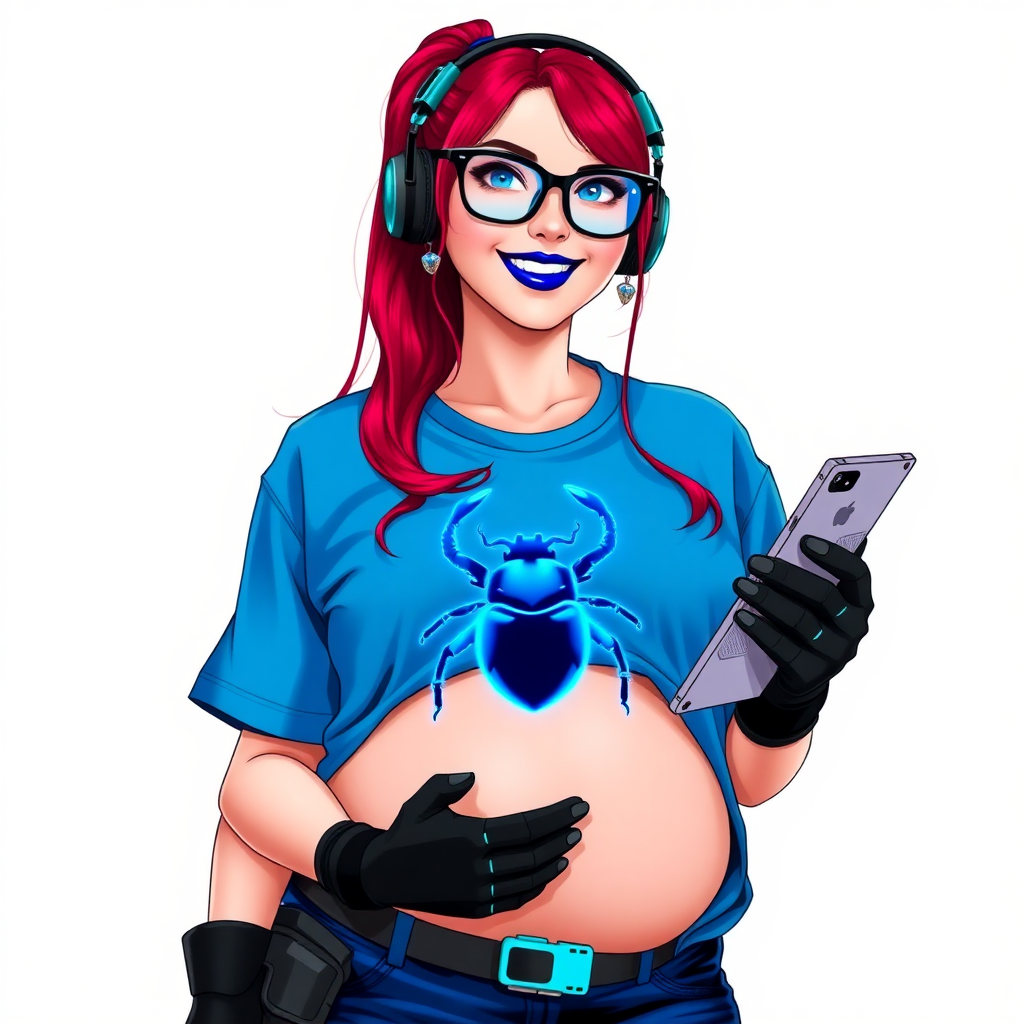 An intelligent and tech-savvy 28-year-old computer hacker and tech genius. She has a long ruby red ponytail. She wears maximum blue lipstick, blue eyes, a sapphire beetle gemstone necklace, sapphire earrings, black eyeglasses, hi-tech power gloves, and an oversized maximum blue t-shirt covering her round midsection featuring a neon blue glowing beetle chest icon. She has a full-figured physique with a large prominent wrecking ball-sized midsection, reflecting her well-cared-for lifestyle. She sports a sapphire headset with a hi-tech maximum turquoise lensed HUD, and a beaming smile accentuated by a passionate neon red blush. She serves as his tech expert from his hideout, holding a futuristic tool wrench and a futuristic digital tablet. The background is solid white. She is drawn as if she was in a retro 2D cyberpunk fighting game.