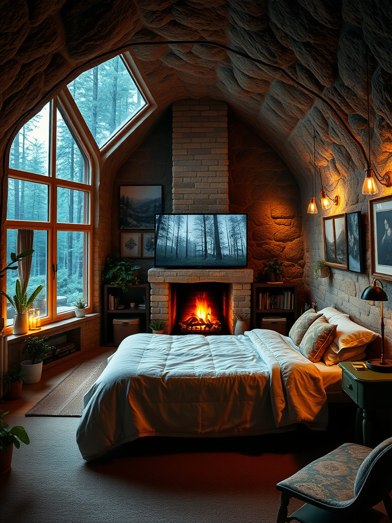 Cottage in a cave: exterior of the cottage, large window frames, forest view outside the window, comfortable double bed, modern display screen, central fireplace, stone texture walls, warm lighting, indoor plants, bookshelves with books, soft carpet, wall paintings, candlesticks, chimney details, pillows and bedding on the bed, vintage furniture, window-side chair, niche design, firewood stacked for the fireplace, nighttime atmosphere, dreamy light and shadow effects, real, realistic.