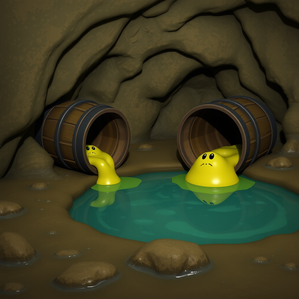 A small pool in a cave with a wooden barrel next to it that has a small round transparent pale yellow ooze monster crawling out of the barrel.