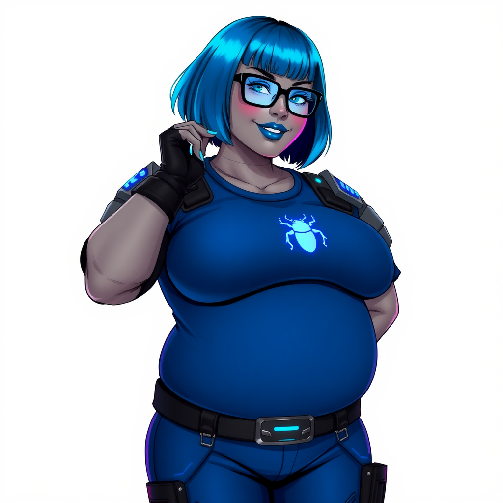 A 28-year-old, full-figured, Middle Gray skinned, computer program hybrid with a maximum blue bob cut. She has a clearly, non-athletic, full-figured build, highlighted by a prominent, round, large midsection (with heavy emphasis on her large belly). As the full-figured, nerdy, digital sidekick to her cyberpunk vigilante boyfriend, her metallic middle gray skin and maximum blue lipstick emphasize her digital nature. She wears a digital, computerized costume, consisting of a huge, tight-fitting, maximum blue t-shirt with a neon blue glowing chest icon of a beetle, digital shoulder pads with neon blue glowing accents, a black hi-tech belt with a digital neon blue glowing buckle, digital maximum blue pants with neon blue accents, and black hi-tech gloves with neon blue glowing accents. Her bright blue eyes, black eyeglasses with neon blue glowing lenses with a built-in HUD, and shy smile with neon red blush accentuate her nerdiness. She stands bashfully with one hand behind her back and the other hand gently touching her cheek, her costume covering all her skin and emphasizing her full-figured physique (especially her belly). She is clearly non-athletic, with a heavy focus on her large belly. Despite her build, she radiates beauty. She has a slim face compared to her physique, accentuating her radiant beauty. She is on a solid white background. She is drawn as if she were in a retro 2D cyberpunk fighting game.