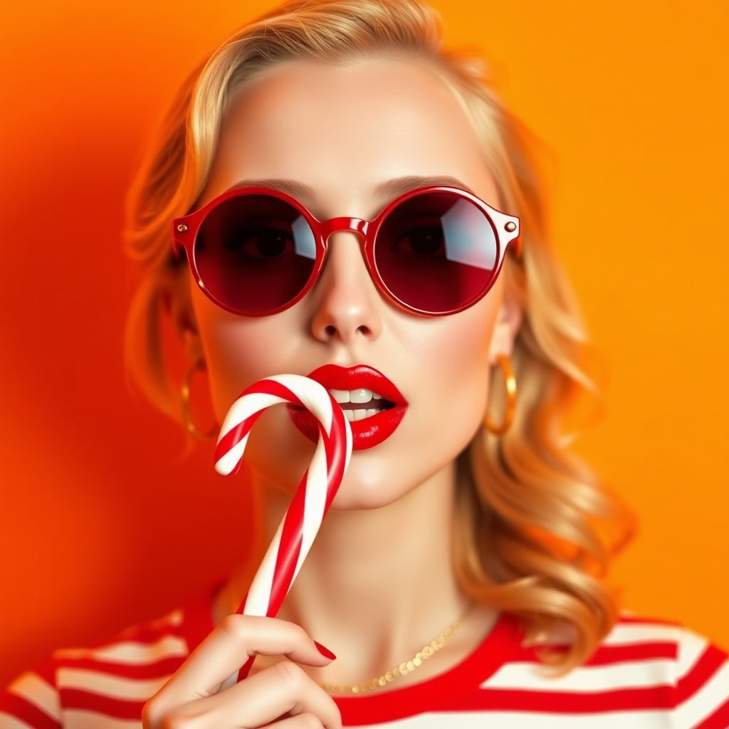 Vibrant, high-contrast portrait of a woman set against a bright orange background. She has fair skin, blonde hair styled in loose waves, and is wearing round, red-tinted sunglasses. Her lips are painted a bold red, matching the color of her sunglasses. She is holding a red and white striped candy cane close to her mouth. She is dressed in a red and white striped top, and accessorized with a delicate gold necklace and small hoop earrings. The lighting creates a warm glow on her face, enhancing the overall vividness of the image.