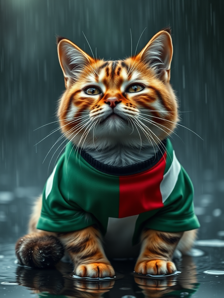 Create a 4k image of a cat wearing a shirt featuring the Palestinian flag, sitting in the rain with a deeply sorrowful expression. The cat is crying heavily, with large tears streaming down its face, capturing the depth of its sadness. The background should depict a rainy atmosphere, with water pooling around the cat and raindrops falling around it. Emphasize the cat's emotional distress, showcasing the details in its fur and the glistening tears, to evoke a powerful sense of empathy and heartbreak.