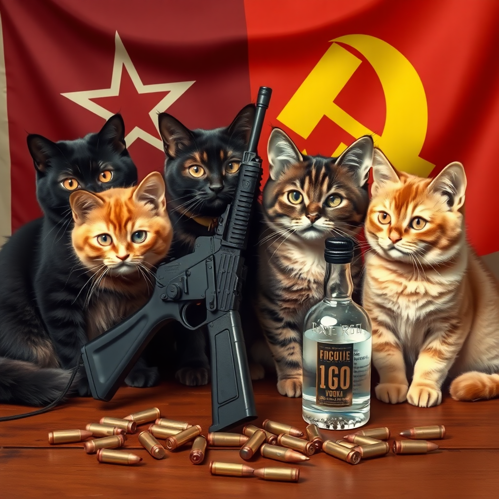 4 chatcatkat, black, orange, dark brown and light brown, USSR communist with an AK-47 and vodka and a USSR flag behind a table with bullet casings on it.