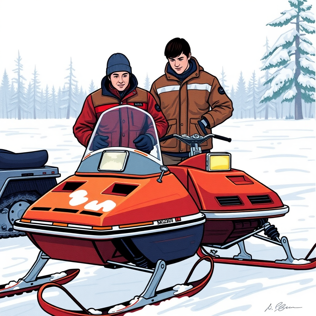 Create an original illustration of:
The bitter cold of February 1972 in Northern Ontario.
Denis stands next to his Skidoo Blizzard 340.  
Leo, his 16-year-old brother, stands by his smaller Blizzard 293, 
tightening the last few screws on the snowmobile.