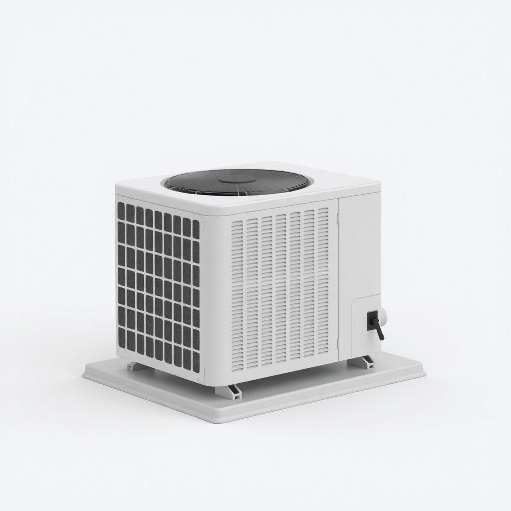 A simple, 3D model of a standard residential outdoor air conditioning unit or condenser. The unit should be placed on a flat surface. The unit should be a neutral color. Plain, uncluttered background. No text.