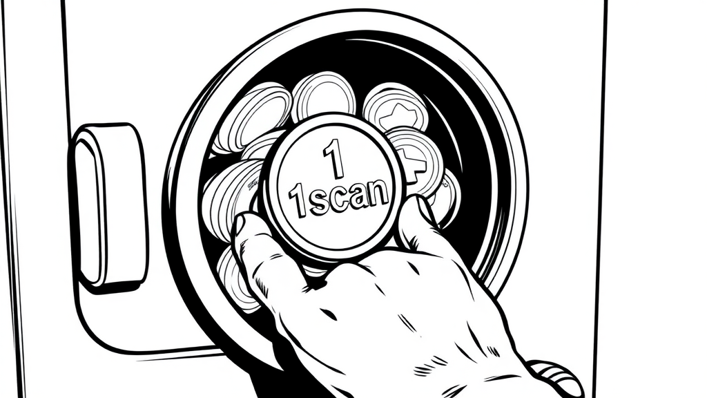 A comic of a hand placing one token with the engraving "1 scan" in a coin machine  
In the style of a comic icon in black ink only