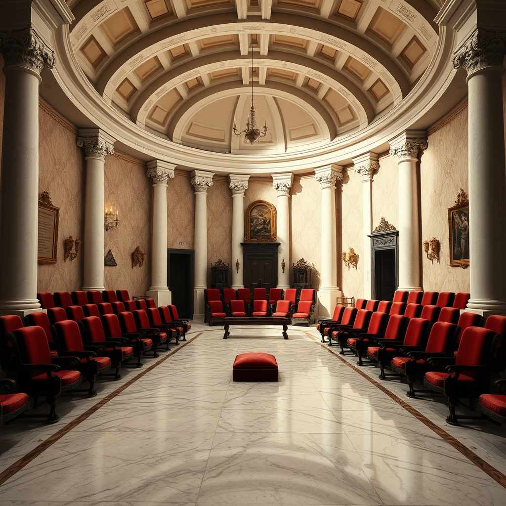 Beyond the foyer is the auction hall. Which is a cozy circular room, and has polished marble floors and white alabaster pillars supporting a vaulted ceiling. On both side (west and east) are ascending rows of plush seating made from velvet and mahogany. With the main entrance at the south side and a small servants entrance at the north side of the room. The servants entrance is also where the slaves are brought in. In the middle of the room are 6 small platform with cushions. Where female slaves can kneel down on to presenting themselves.