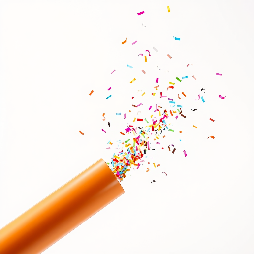 confetti shootin from a tube into the air, white background, realistic, beautiful